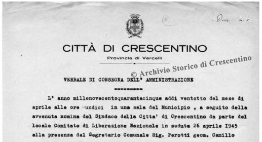 Rari documenti tratti dall'Archivio storico comunale e dedicati al 25 Aprile del 1945
