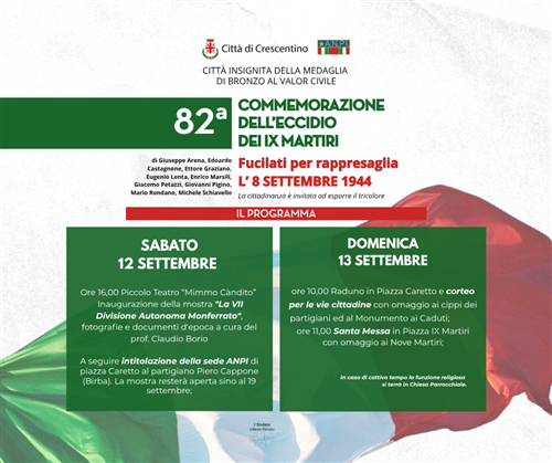 82° Commemorazione dell'Eccidio dei IX Martiri: Crescentino ricorda le vittime dell'8 settembre 1944
